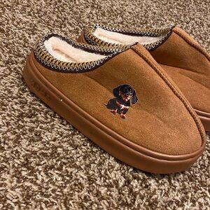 Women’s Cozy Slip-On Suede Slippers in Tan with Dachshund picture on sides